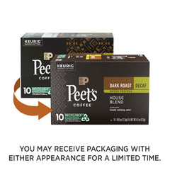Peet's Decaf House Blend box on kitchen countertop with branding.