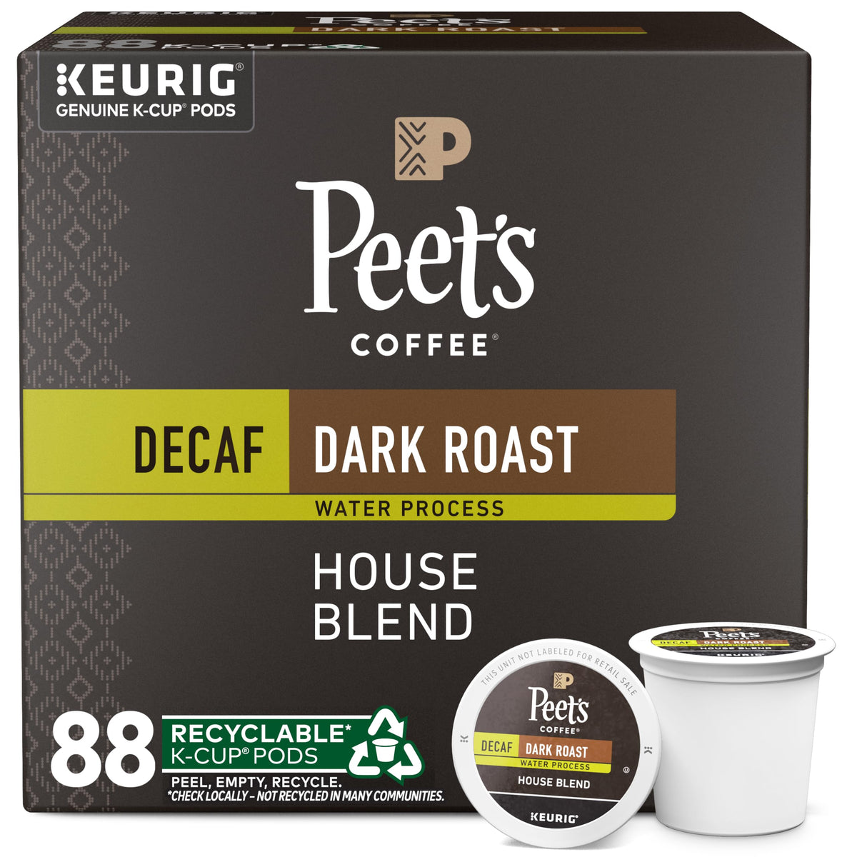 Peet's Coffee Decaf House Blend boxes with 88 pods, convenient daily Keurig use.