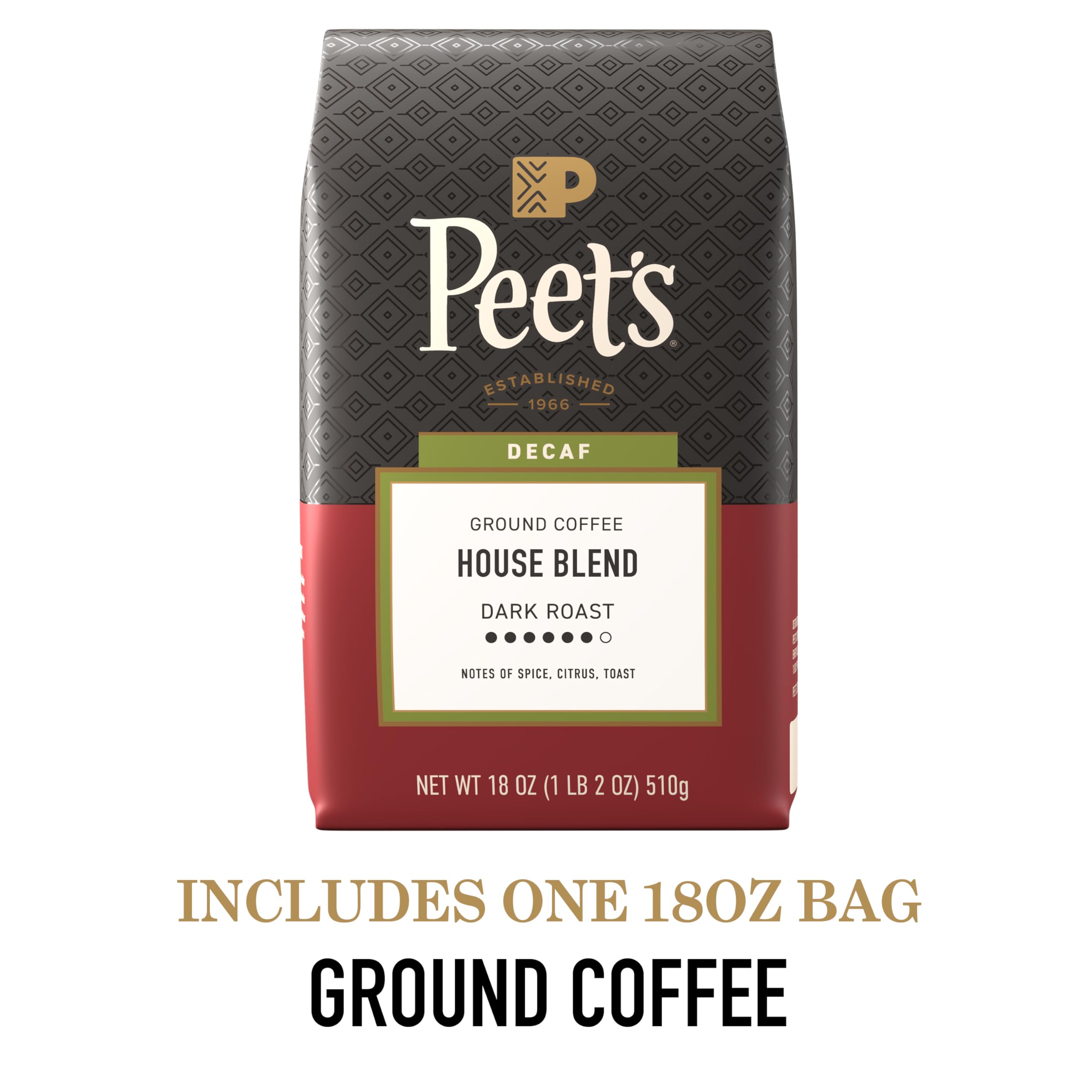 Cup with steam from Peet's Decaf House Blend, inviting and smooth.