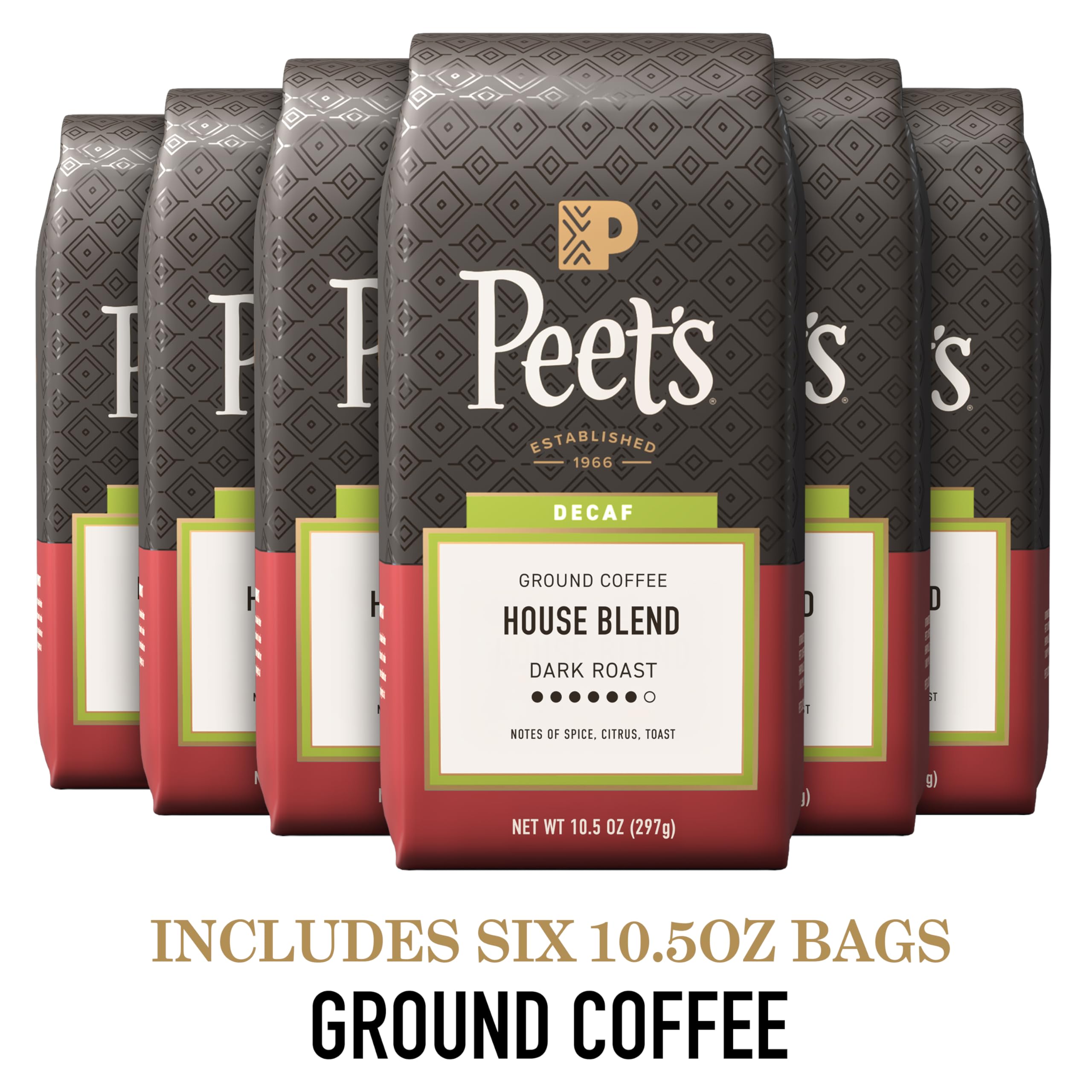 Ground coffee from Peet's Decaf House Blend highlighting dark roast