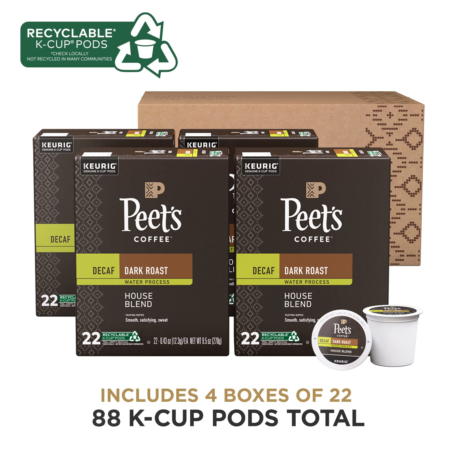 Peet's Coffee Decaf House Blend K-Cup packaging, ready for easy morning routines.