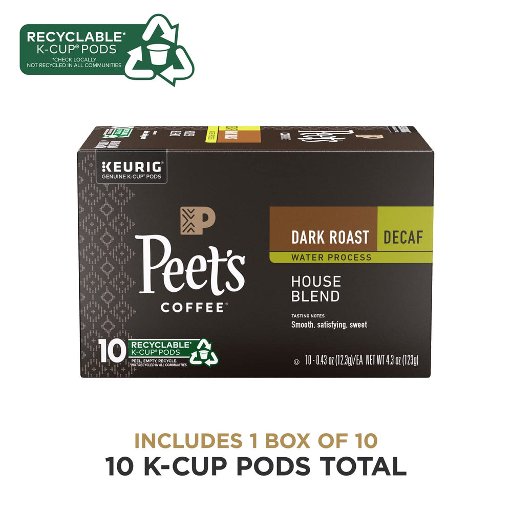 Set of recyclable K-Cup pods from Peet's Decaf House Blend lineup.