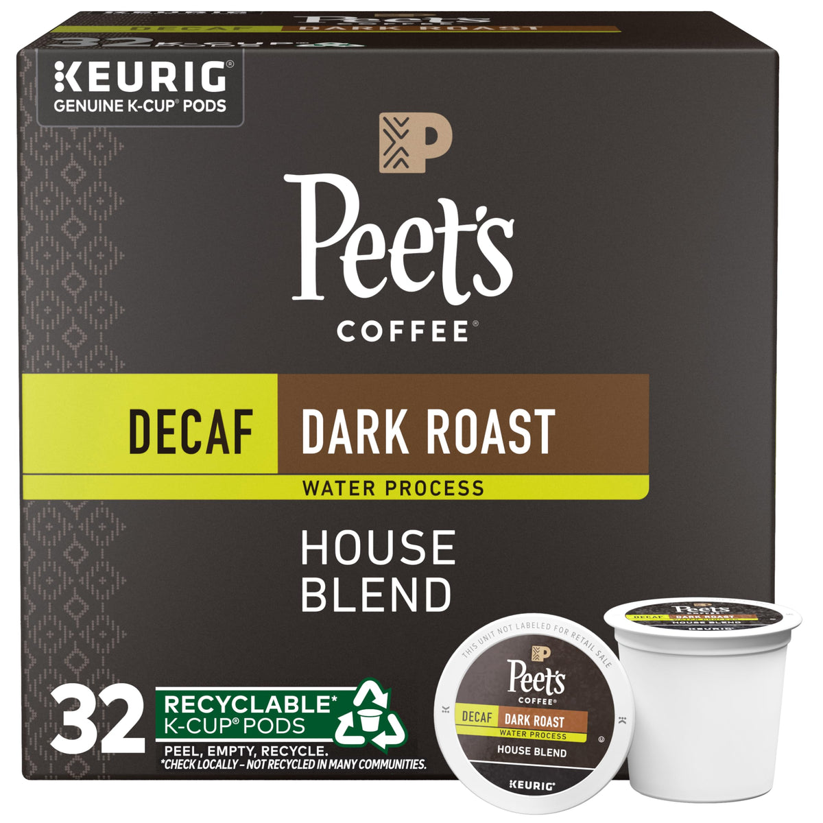 Peet's Decaf House Blend pods in box for convenient mornings.