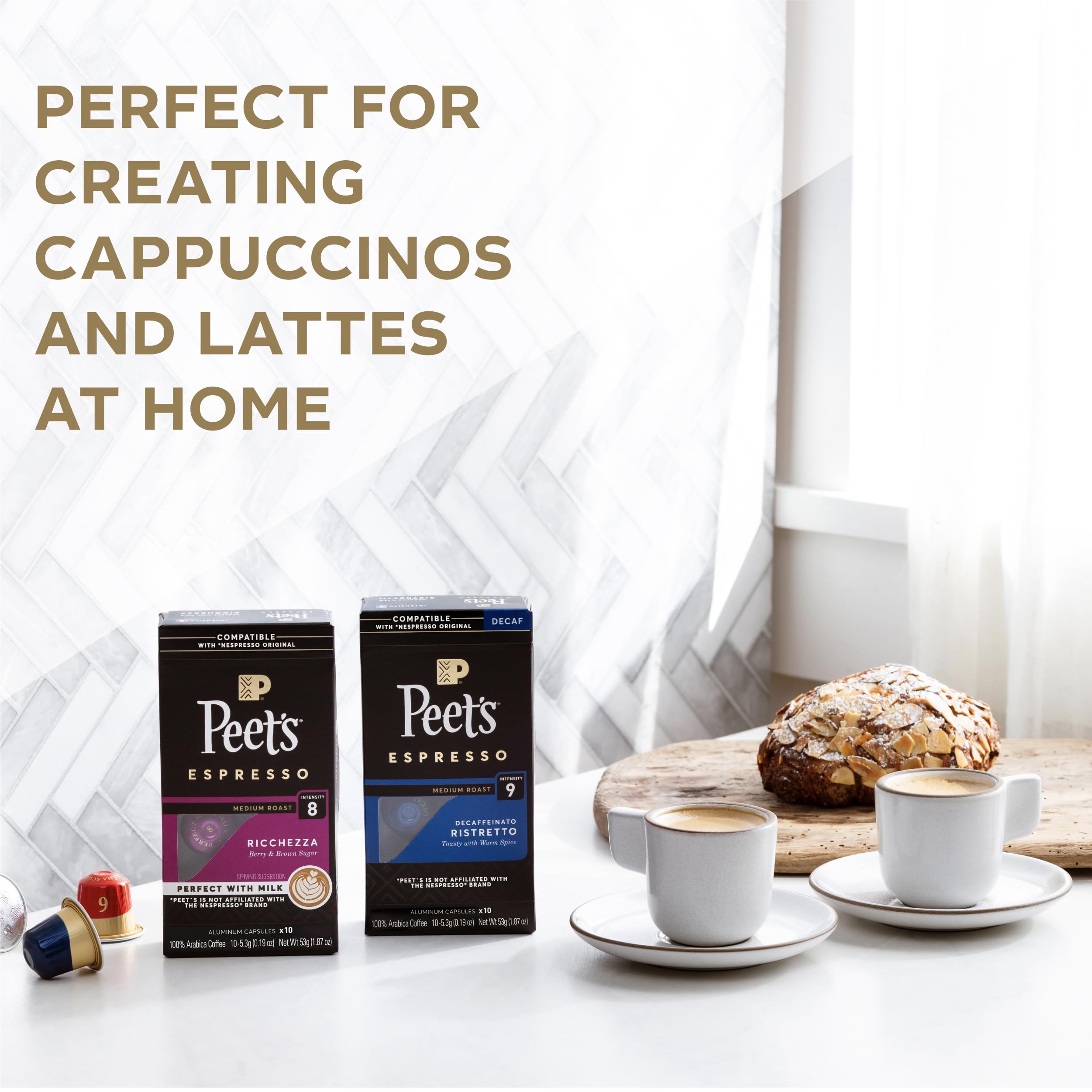 Peet's aluminum capsules seal aroma for intense espresso flavors.