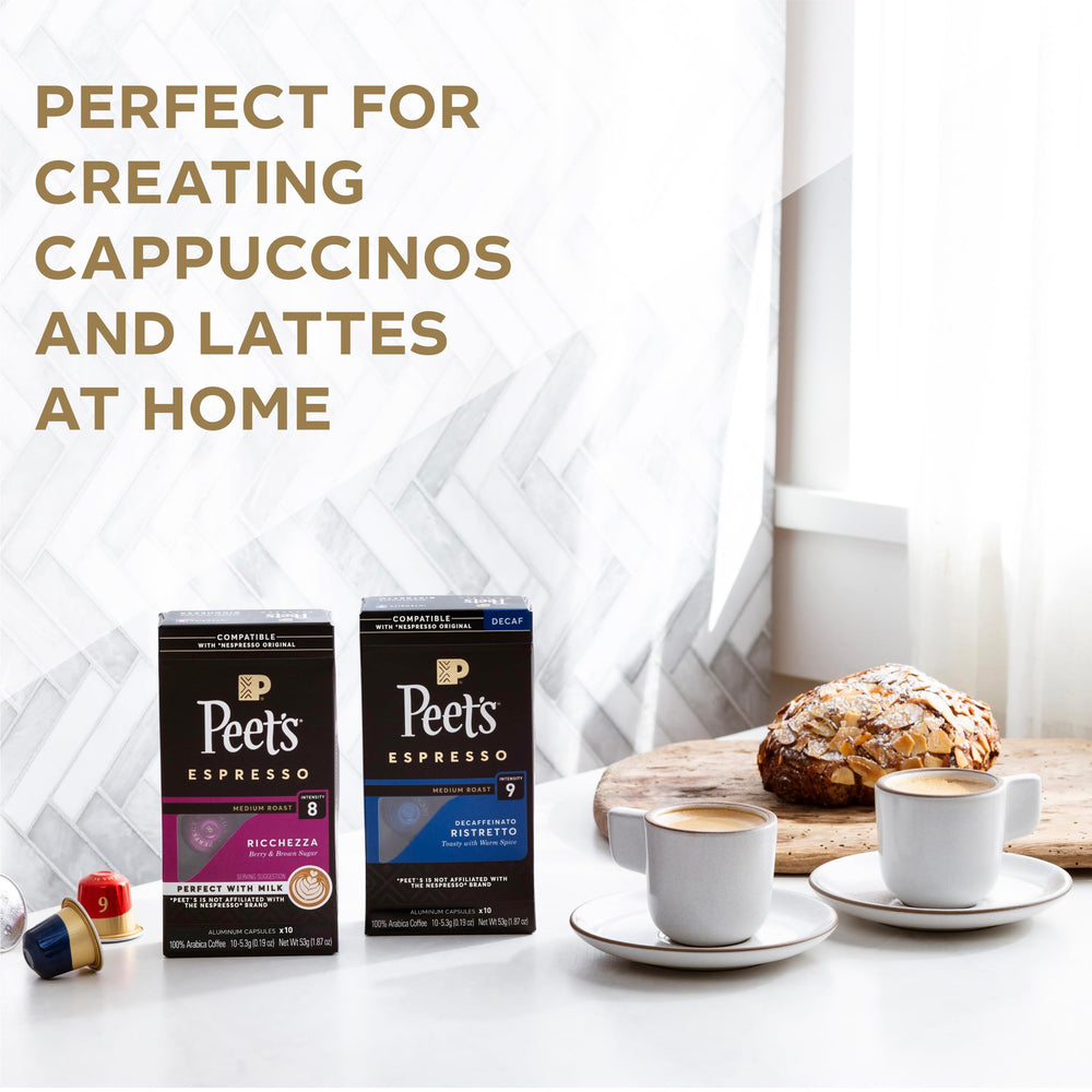 Peet's aluminum capsules seal aroma for intense espresso flavors.