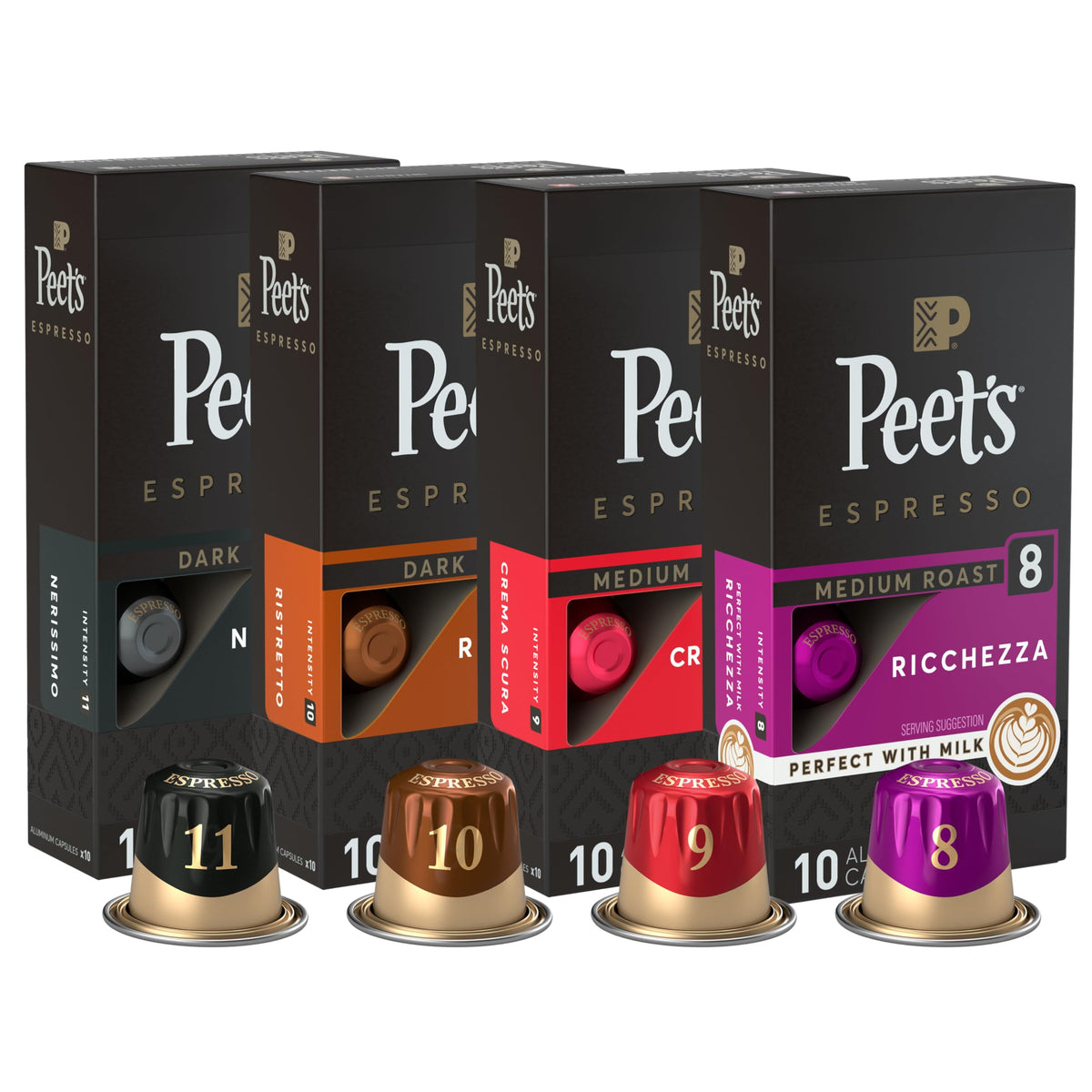 Peet's Coffee Ricchezza capsule box for balanced medium roast in creamy milk drinks.
