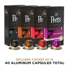 Peet's Coffee Ristretto capsule box offers bold, spicy chocolate notes in a tight shot.