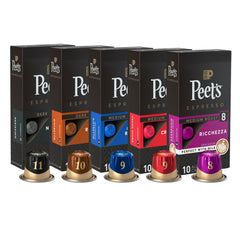 Peet's Coffee espresso capsules variety-pack boxes offer convenient at-home espresso variety.