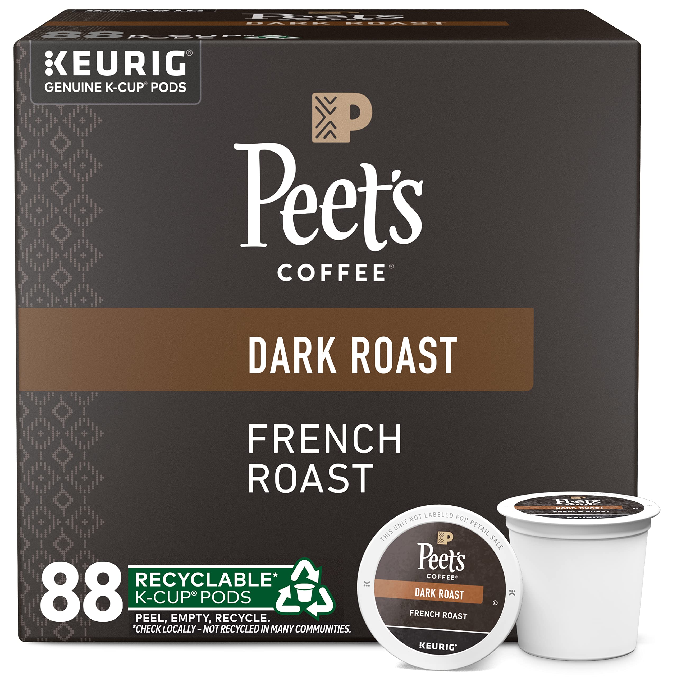 Peet's Coffee French Roast pods closeup, showcasing bold, smoky flavor potential.