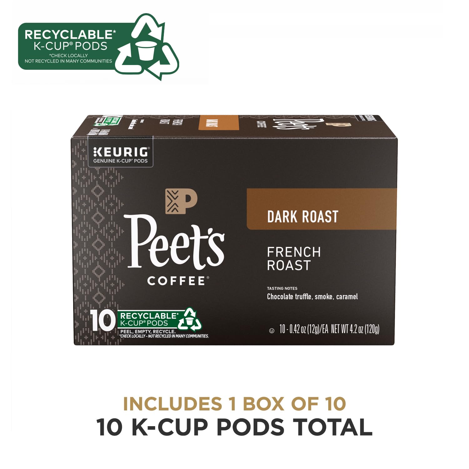 Peet's French Roast pods closeup emphasizes 100% Arabica quality.