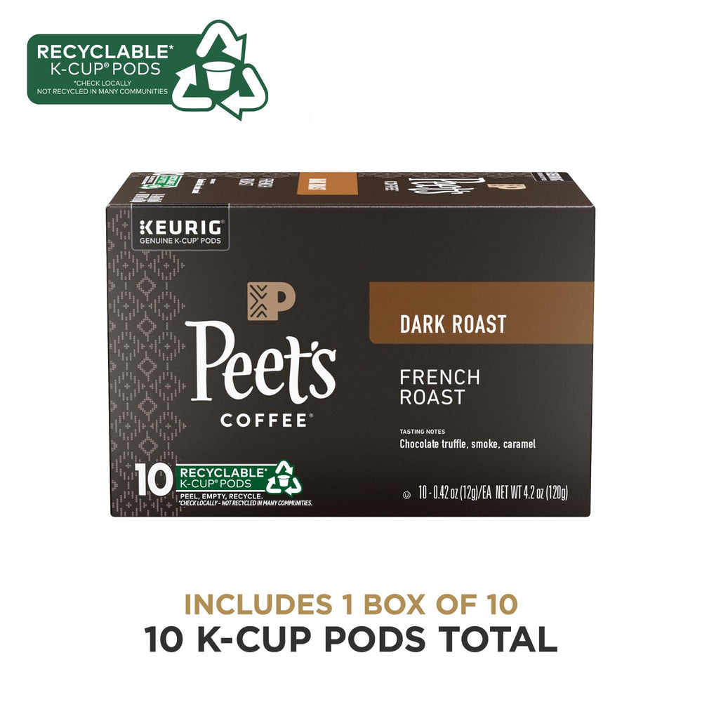 Peet's French Roast pods closeup emphasizes 100% Arabica quality.