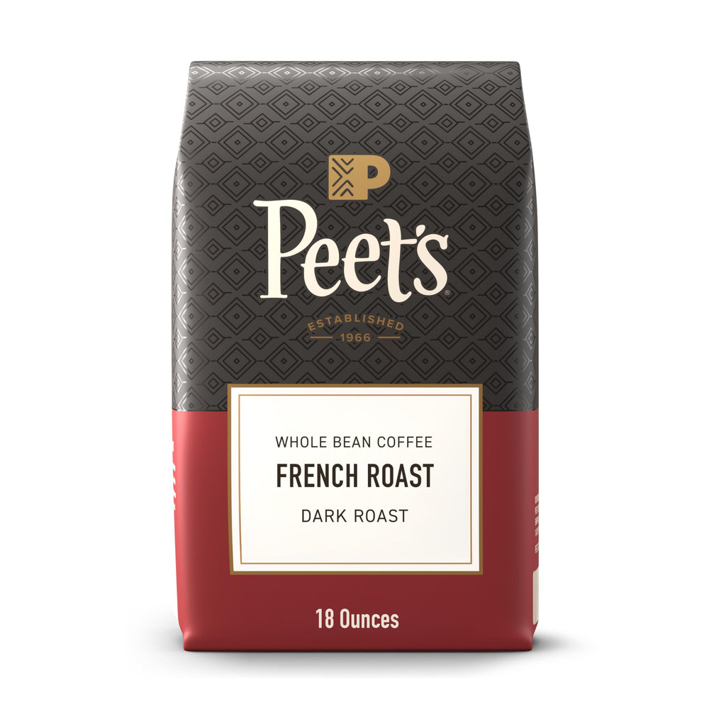 Peet's Coffee French Roast whole beans in a bag showing bold aroma and color.