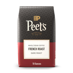 Peet's Coffee French Roast whole beans in a bag showing bold aroma and color.