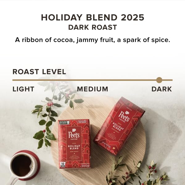 Close-up of Peet's Holiday Blend coffee beans with rich aroma