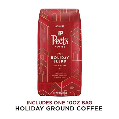 Close-up of Peet's Holiday Blend ground coffee bag for fresh brewing