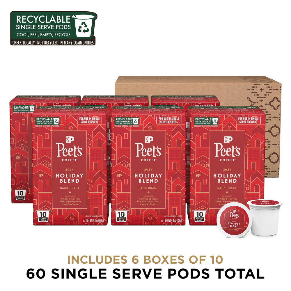 Peet's Holiday Blend K-Cup pods packaging, designed for easy stacking and gifting.