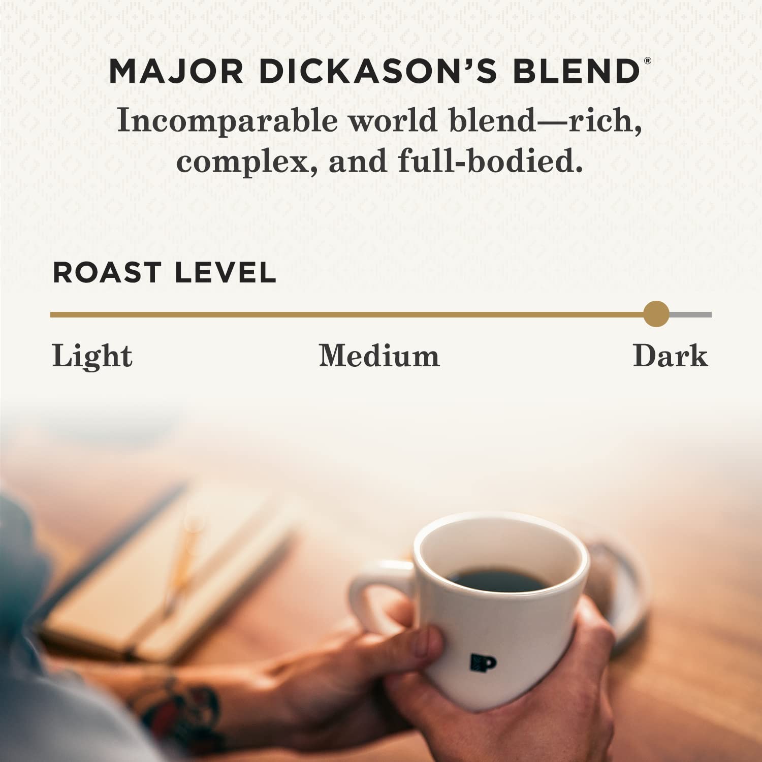 Steaming cup of Major Dickason's Blend aroma sits on a counter.