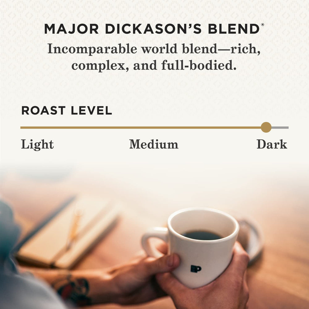 Steaming cup of Major Dickason's Blend aroma sits on a counter.