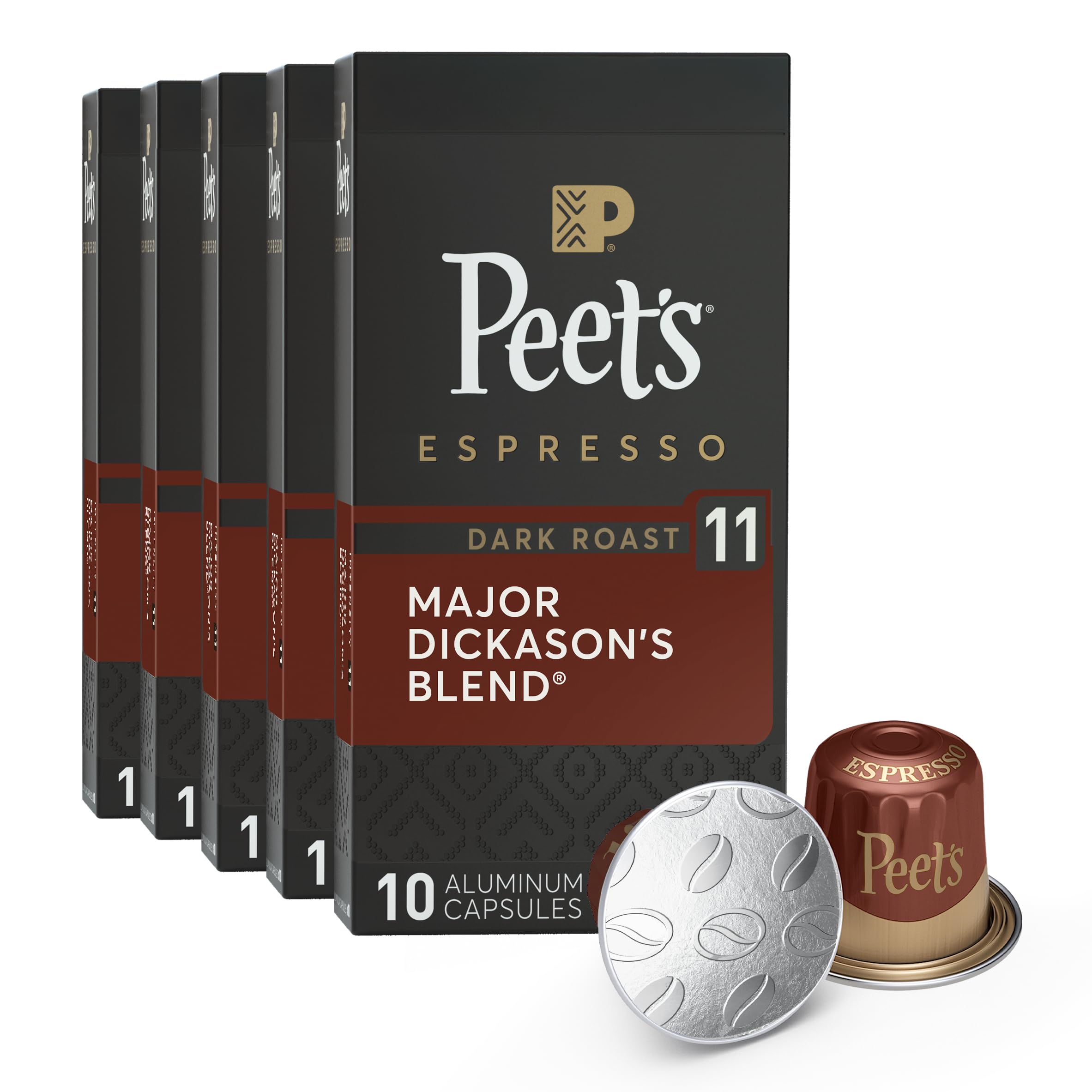 Peet's Major Dickason's Blend intensity 11 capsules in a five-box display for bold espresso.