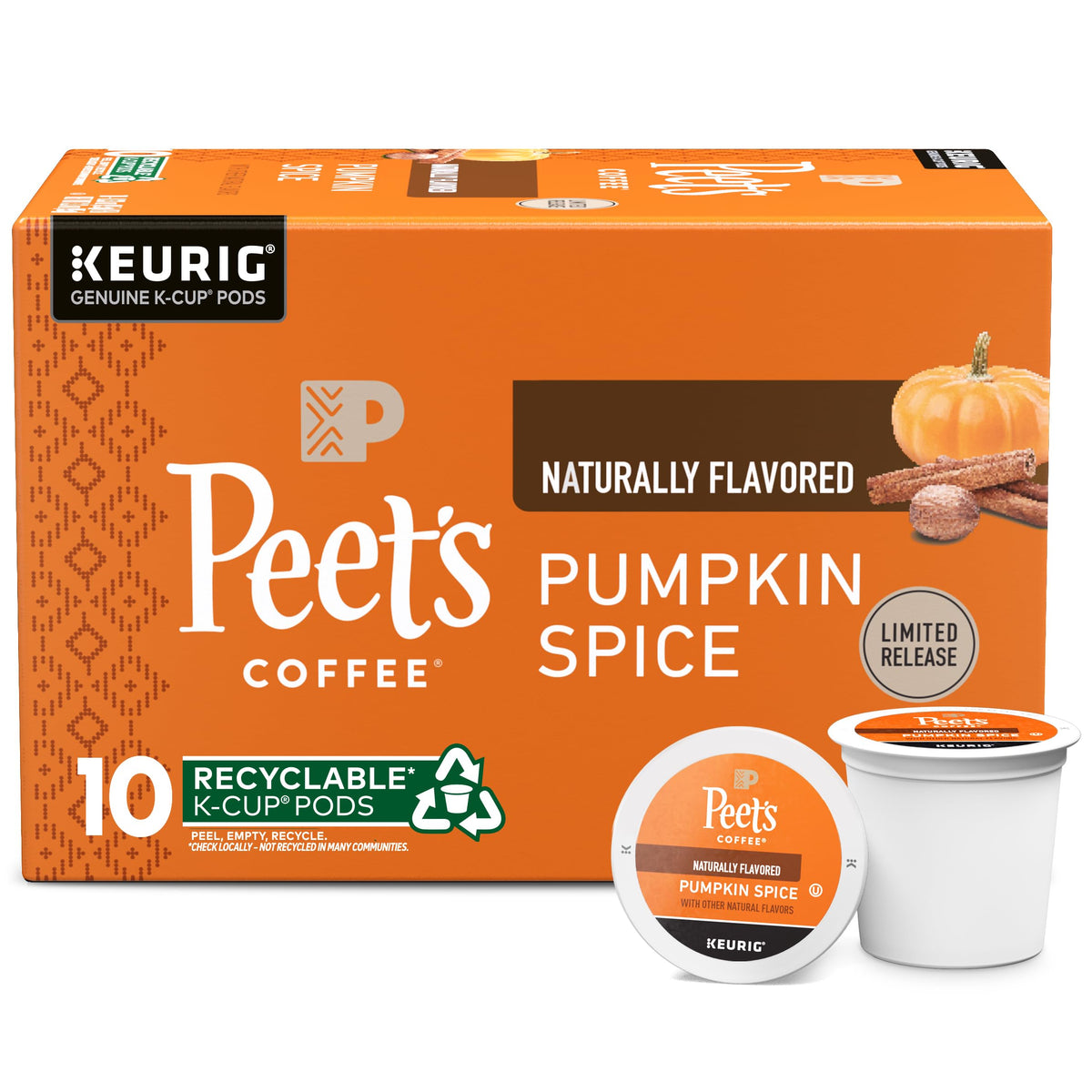 Peet's Coffee Pumpkin Spice K-Cups box front, perfect for cozy fall mornings.