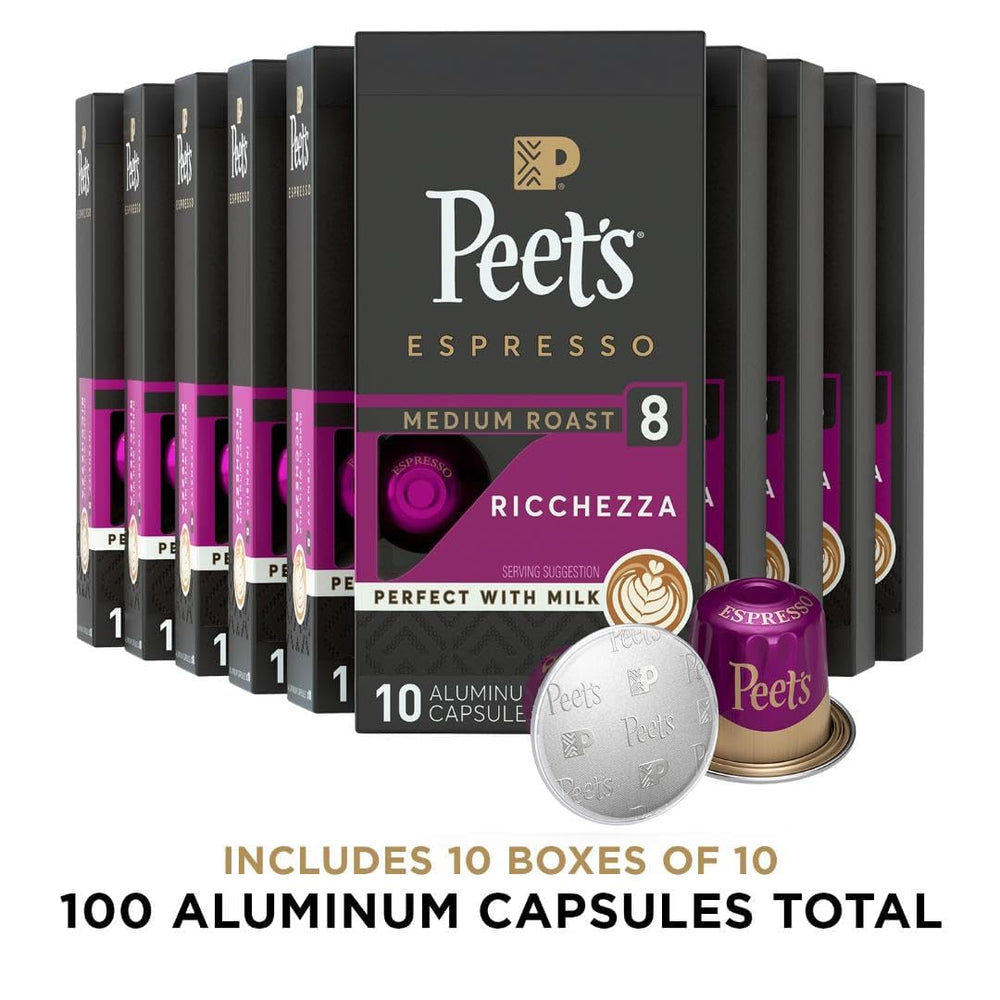 Closeup of aluminum Peet's Ricchezza capsules preserving aroma and flavor.