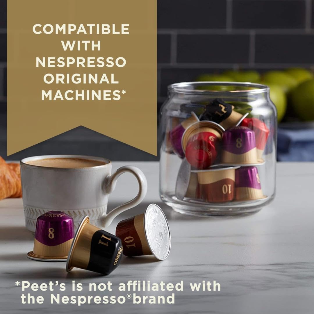 Brewing Peet's Ricchezza espresso pour with rich crema in a cup.