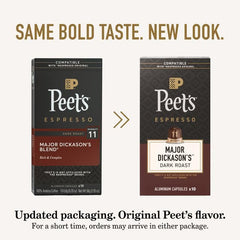 Peet's aluminum capsules compatible with Nespresso Original machines including Essenza Mini and more.
