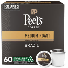Peet's Coffee Single Origin Brazil box front showing it contains 60 K-Cups for easy brewing