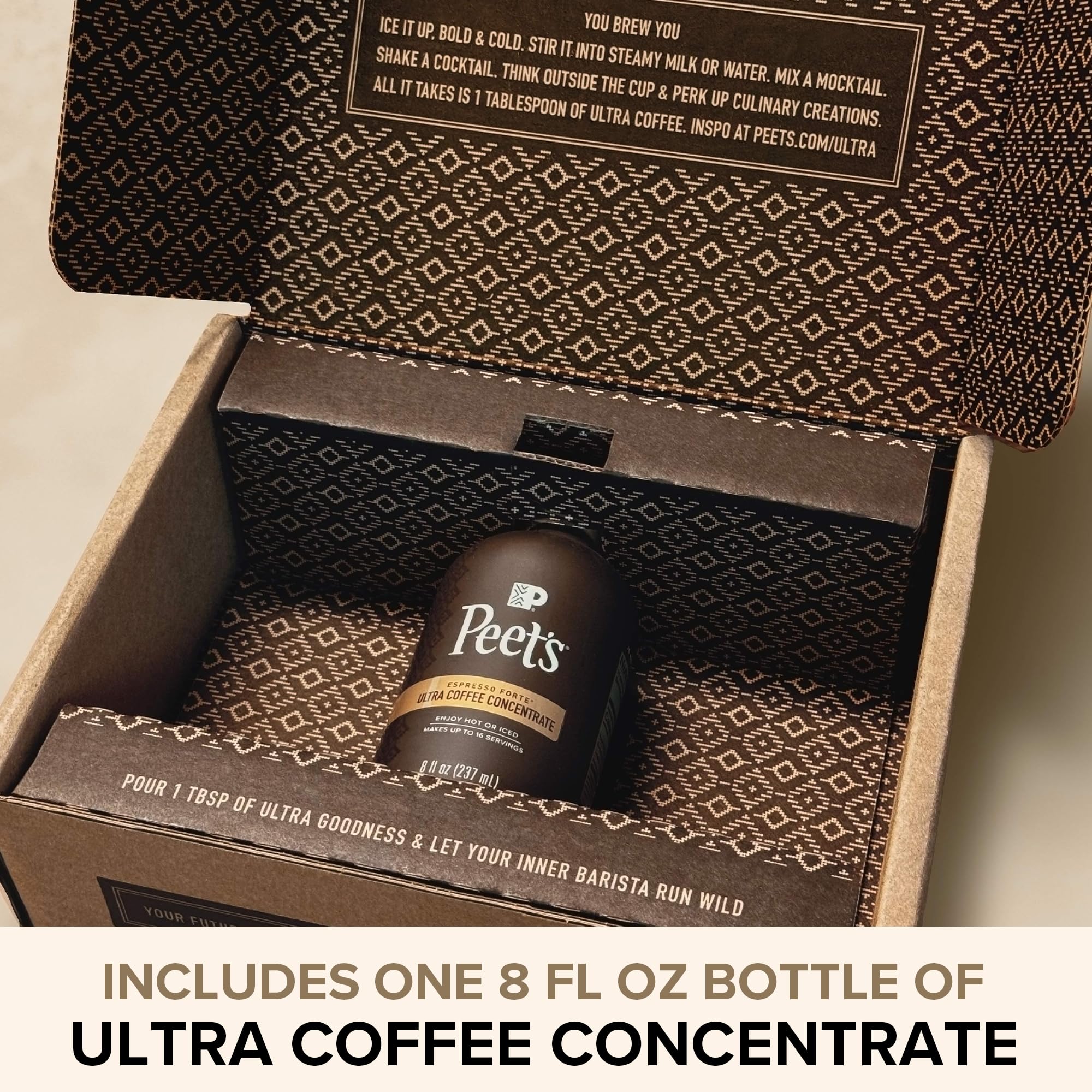 Peet's Ultra Coffee Concentrate being poured into a glass for hot or iced coffee