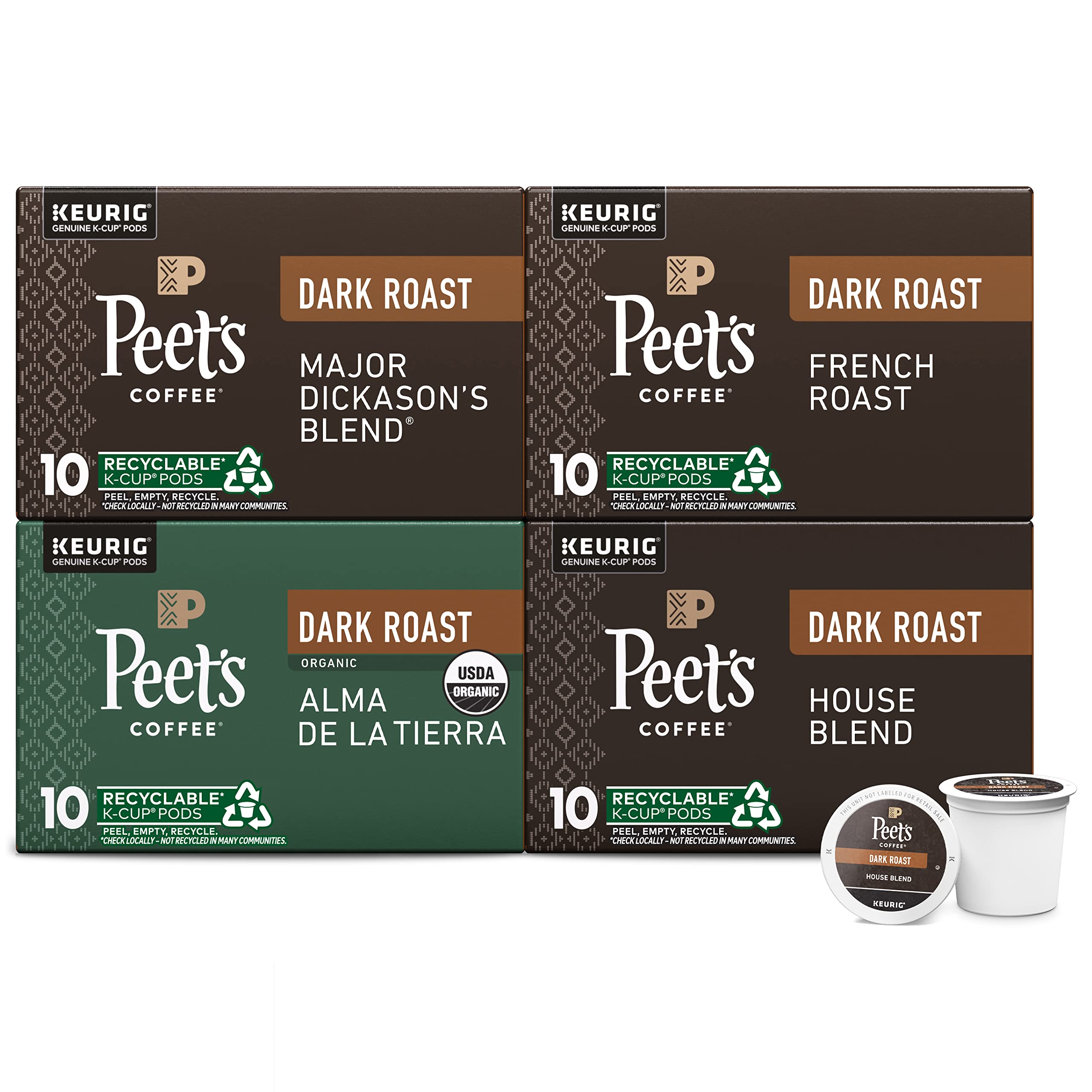 Peet's Coffee dark roast variety pack K-Cups in four boxes for quick home brewing.