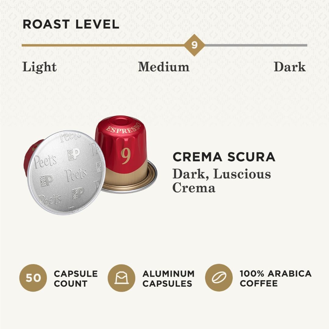 Crema Scura capsules loaded in a Nespresso Original machine for a bold shot.