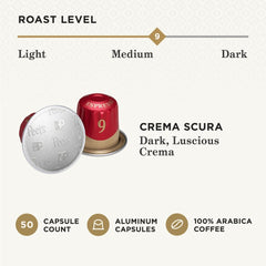 Crema Scura capsules loaded in a Nespresso Original machine for a bold shot.