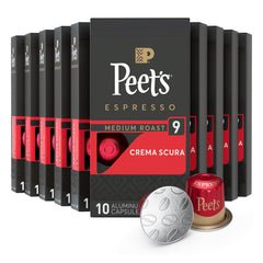 Peet's Crema Scura box front for home espresso setup and aroma