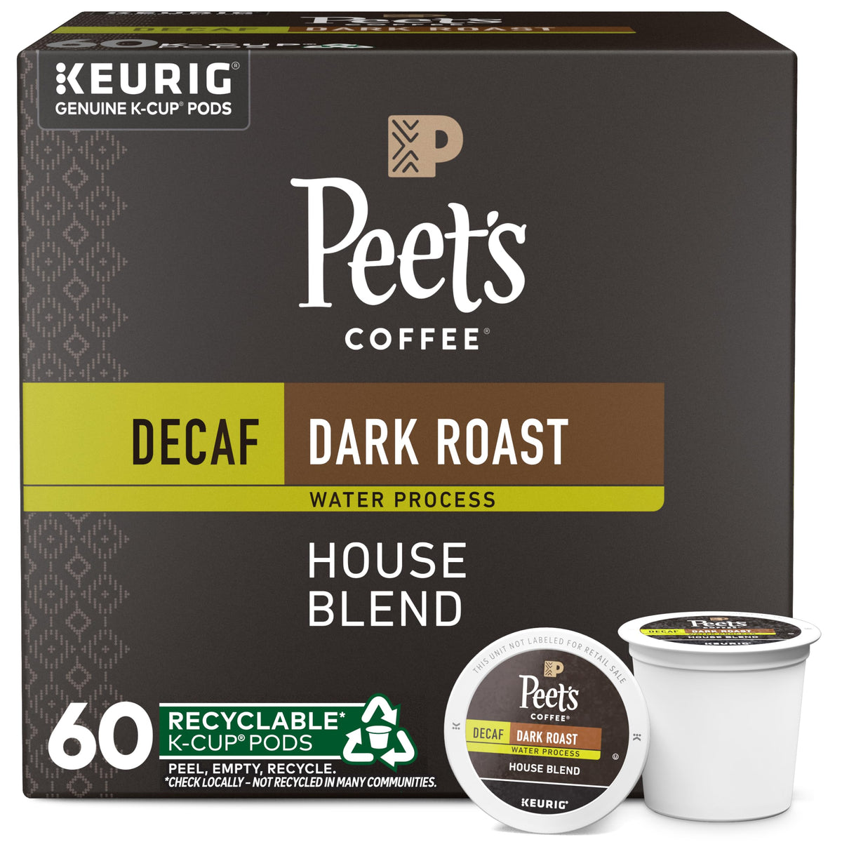 Peet's Coffee dark roast decaf K-Cup pods in boxes for quick mornings.