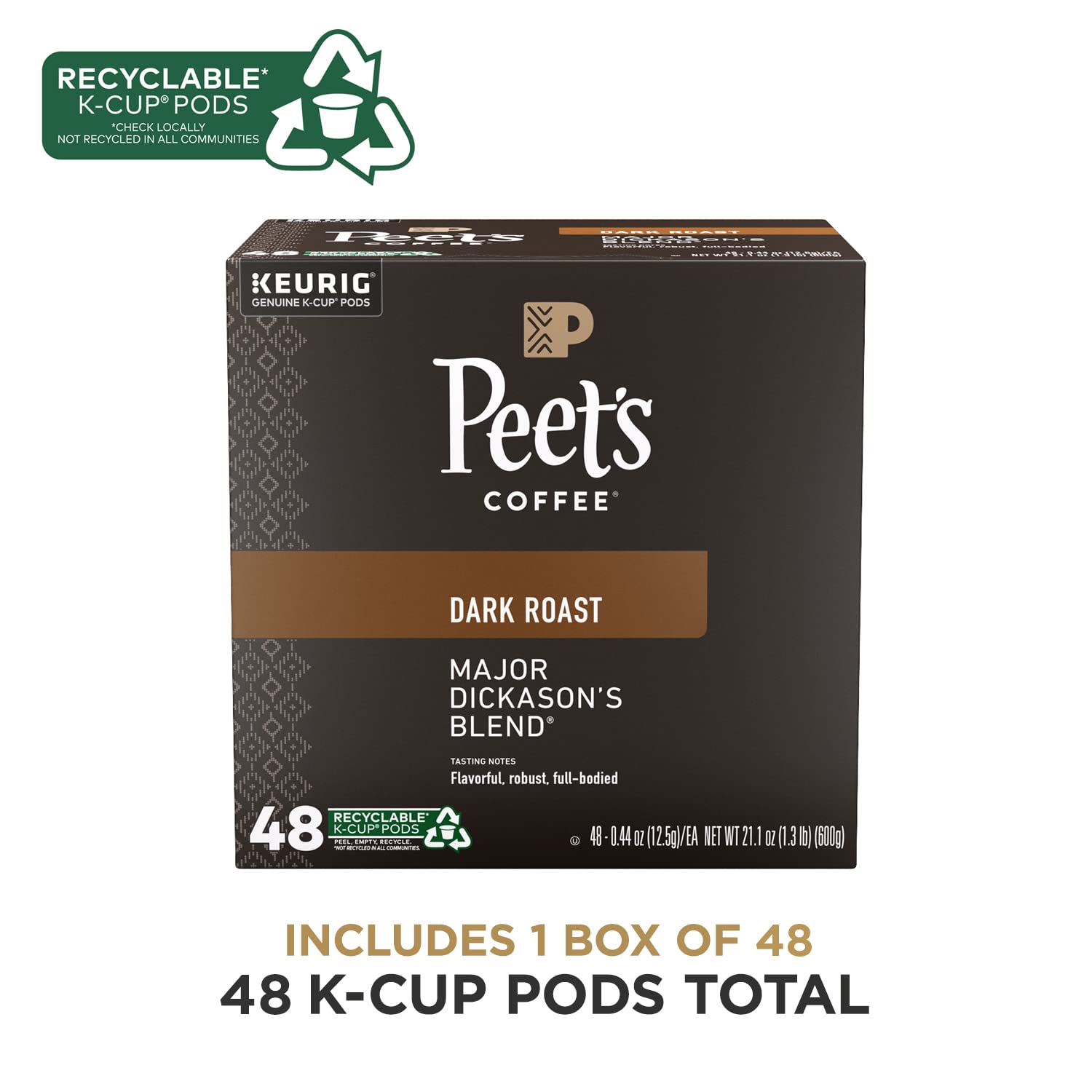 Peet's K-Cup pods close-up showing compatibility with Keurig machines for easy brewing.
