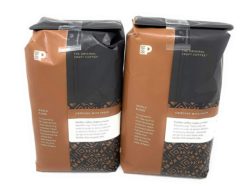 Peet's Major Dickason's Blend bag back with tasting notes and brewing tips.