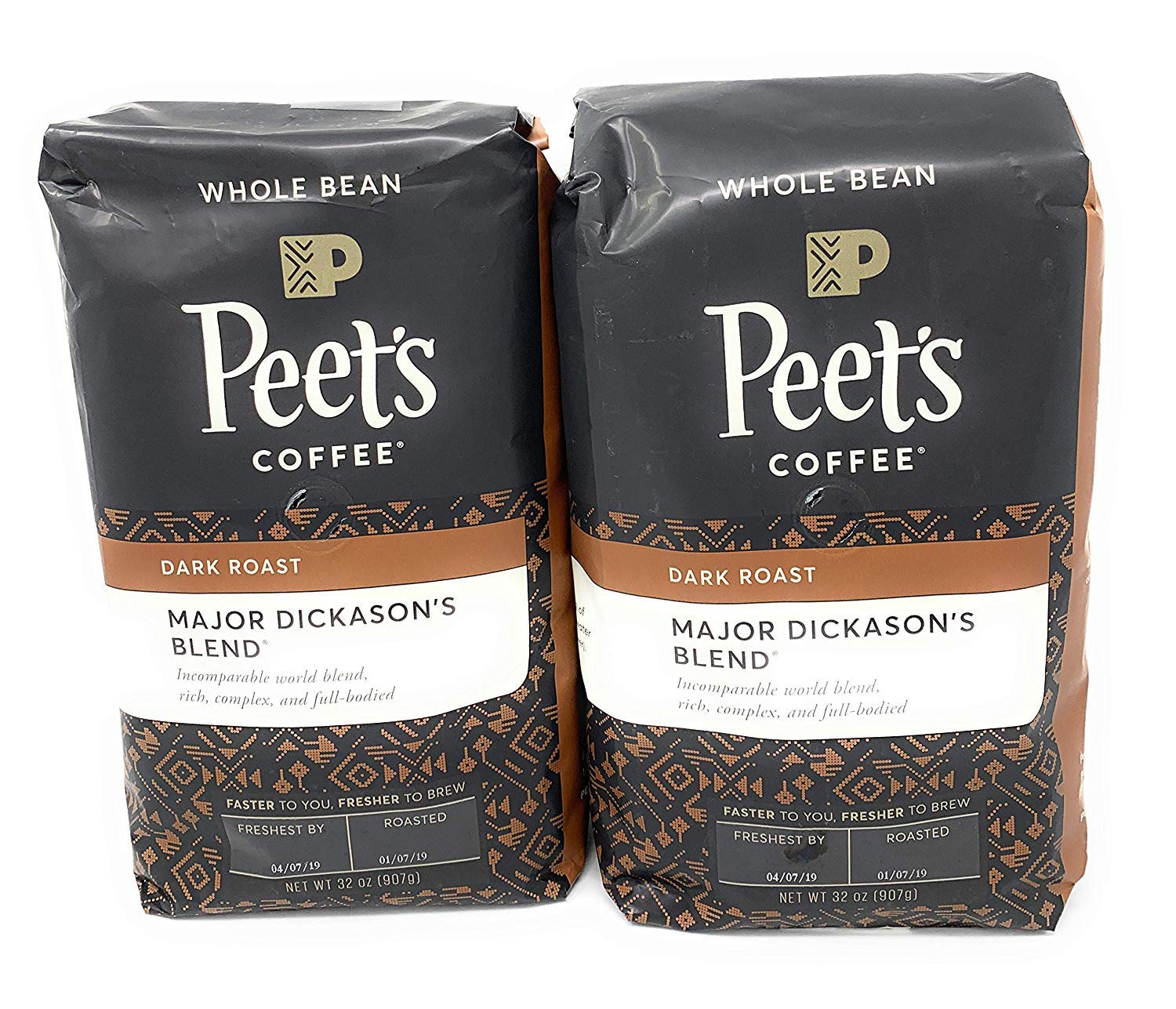 Peet's Major Dickason's Blend bag front showing whole beans for rich flavor.