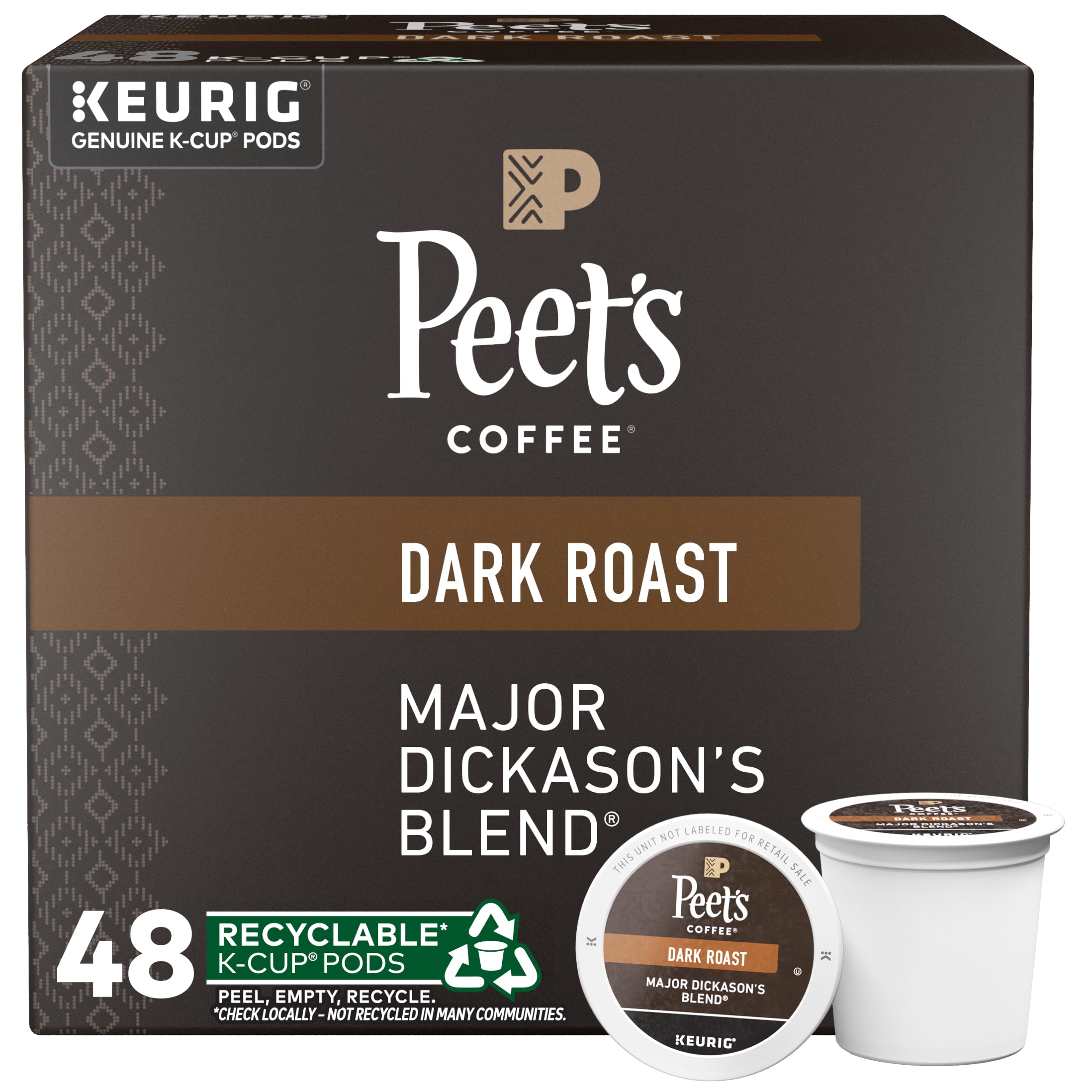 Peet's Major Dickason's Blend dark roast K-Cup pods in a 48-count box for rich mornings.