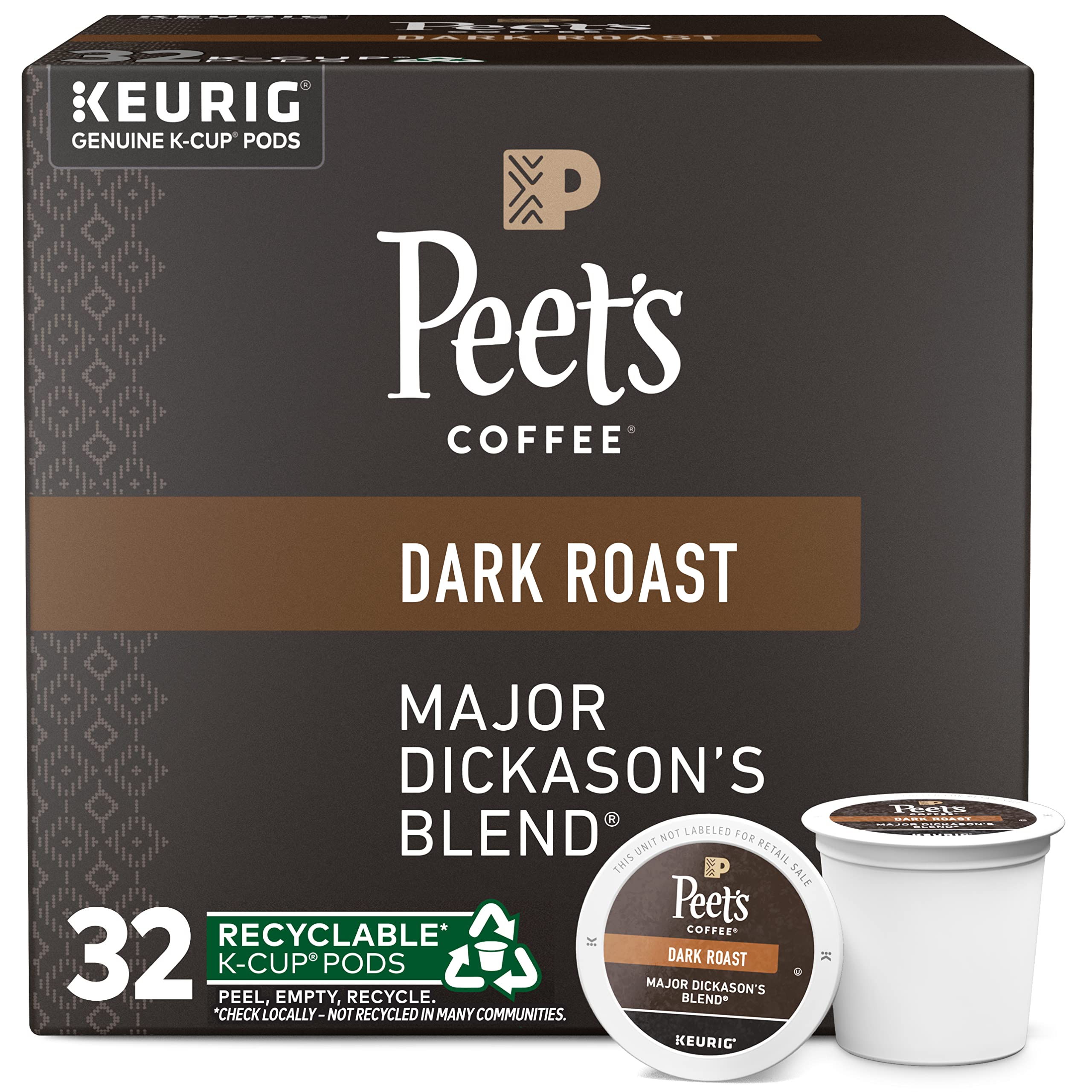 Peet's Major Dickason's box of 32 K-Cup pods ready for Keurig brewing