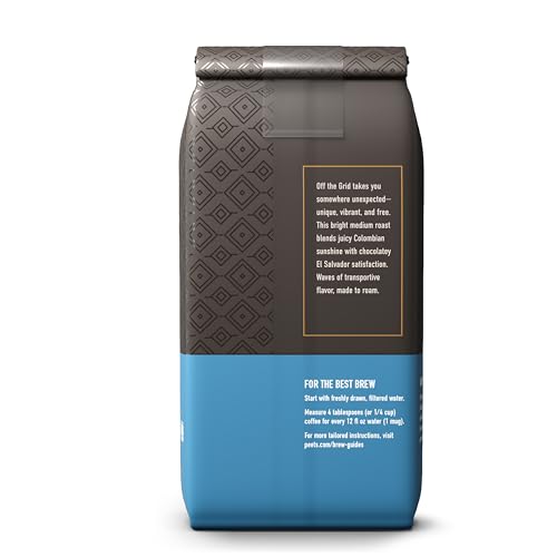 Back of Peet's Off the Grid bag shows sourcing impact info.