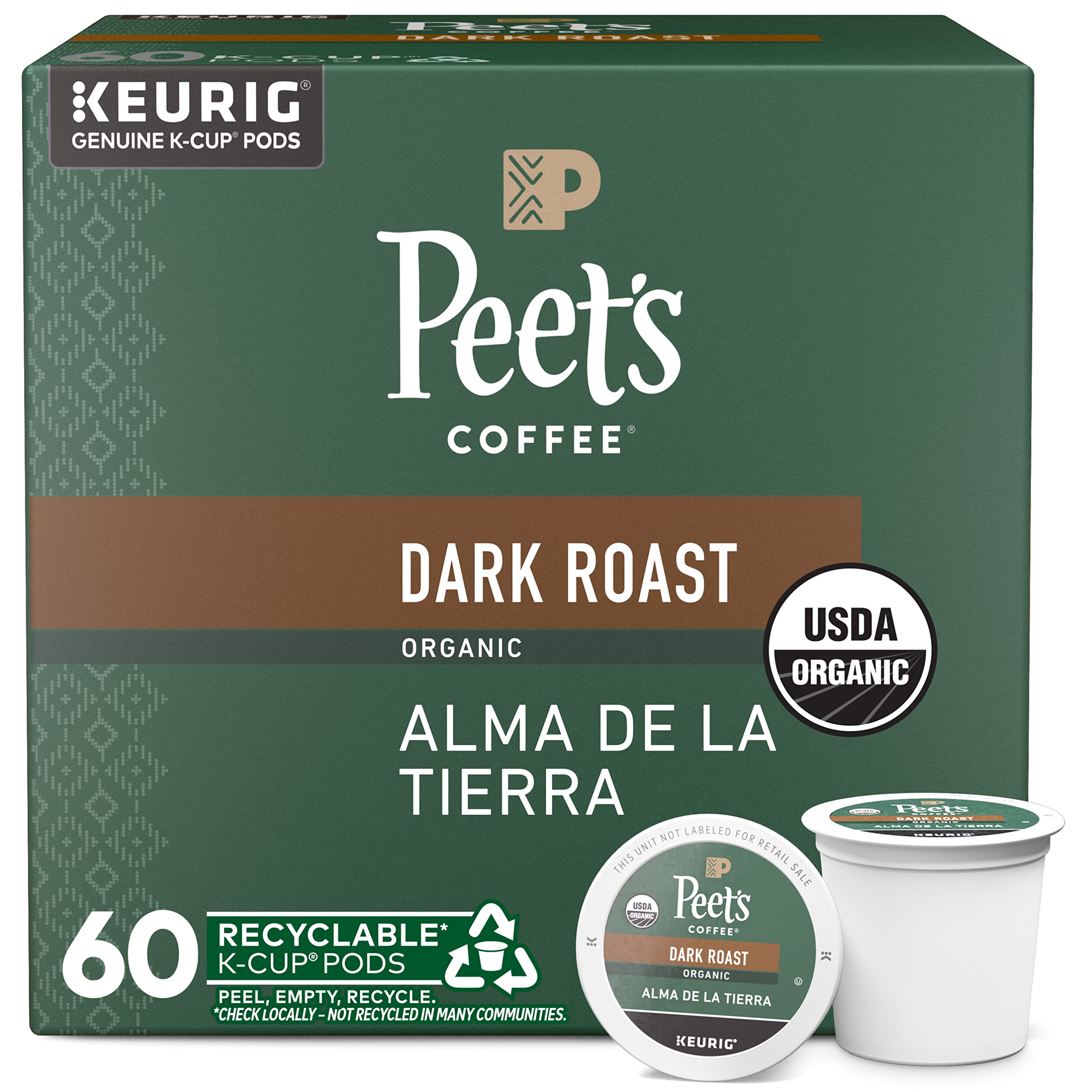 Peet's Organic Alma de la Tierra K-Cup box front, convenient single-serve brewing