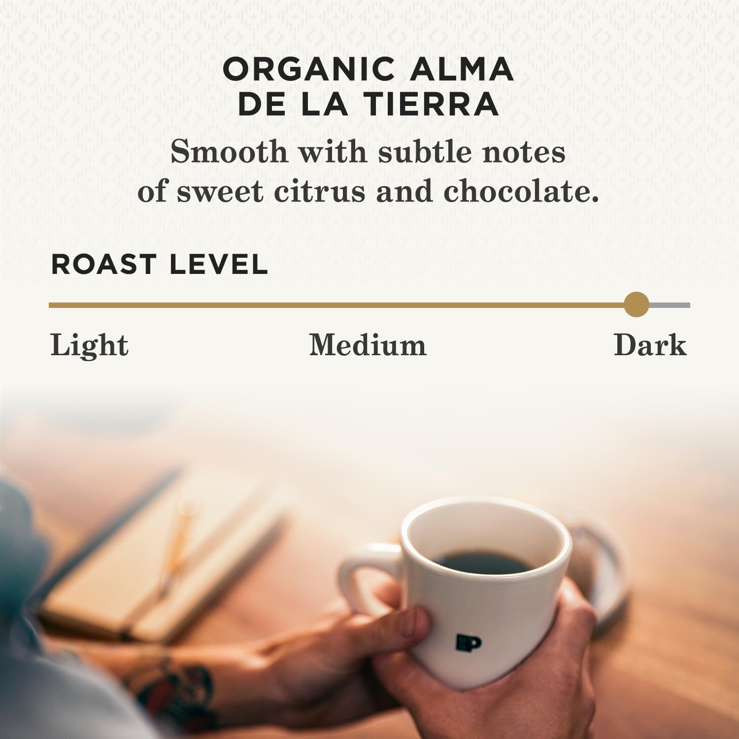Peet's Organic Alma de la Tierra pod closeup reveals dark roast aroma