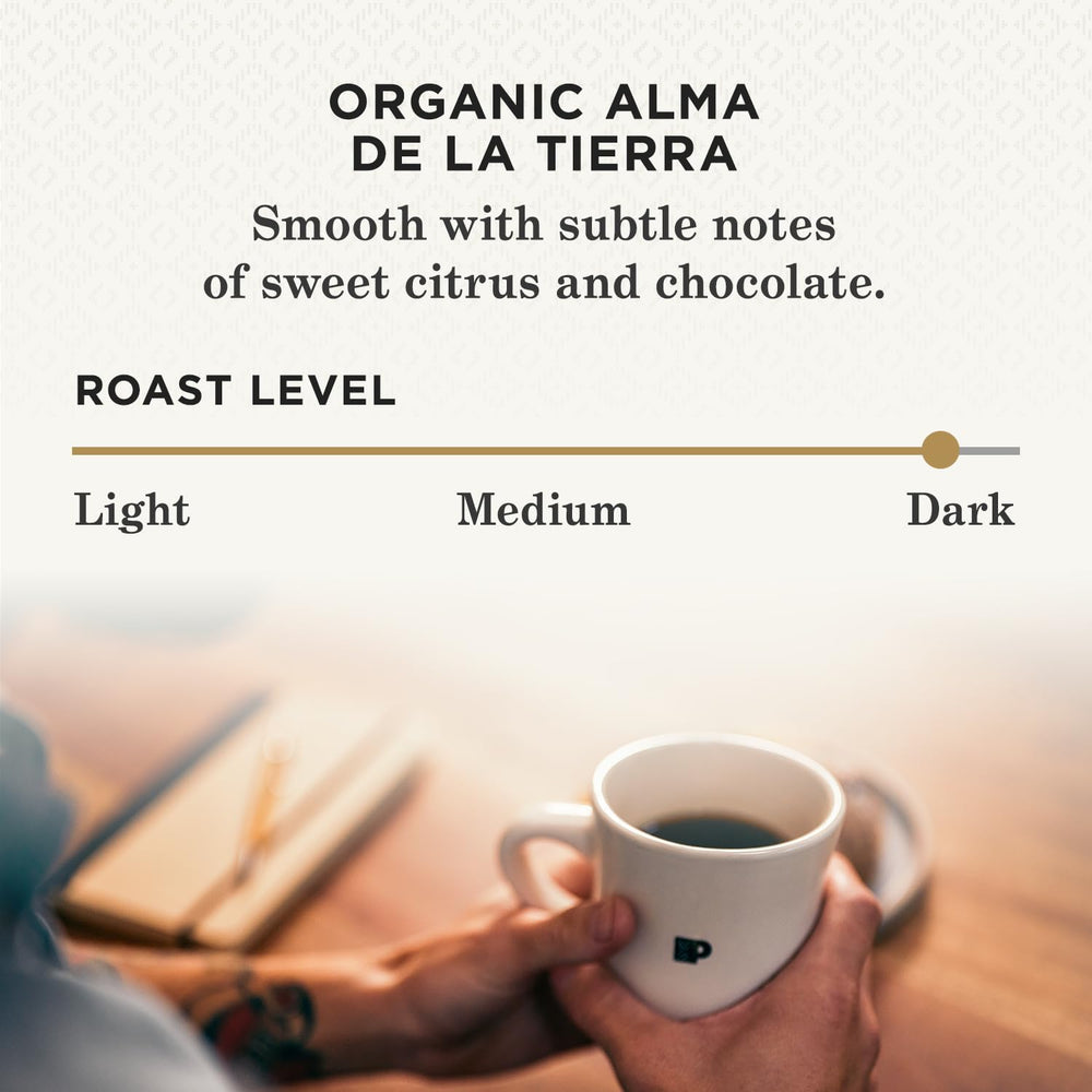 Peet's Organic Alma de la Tierra pod closeup reveals dark roast aroma