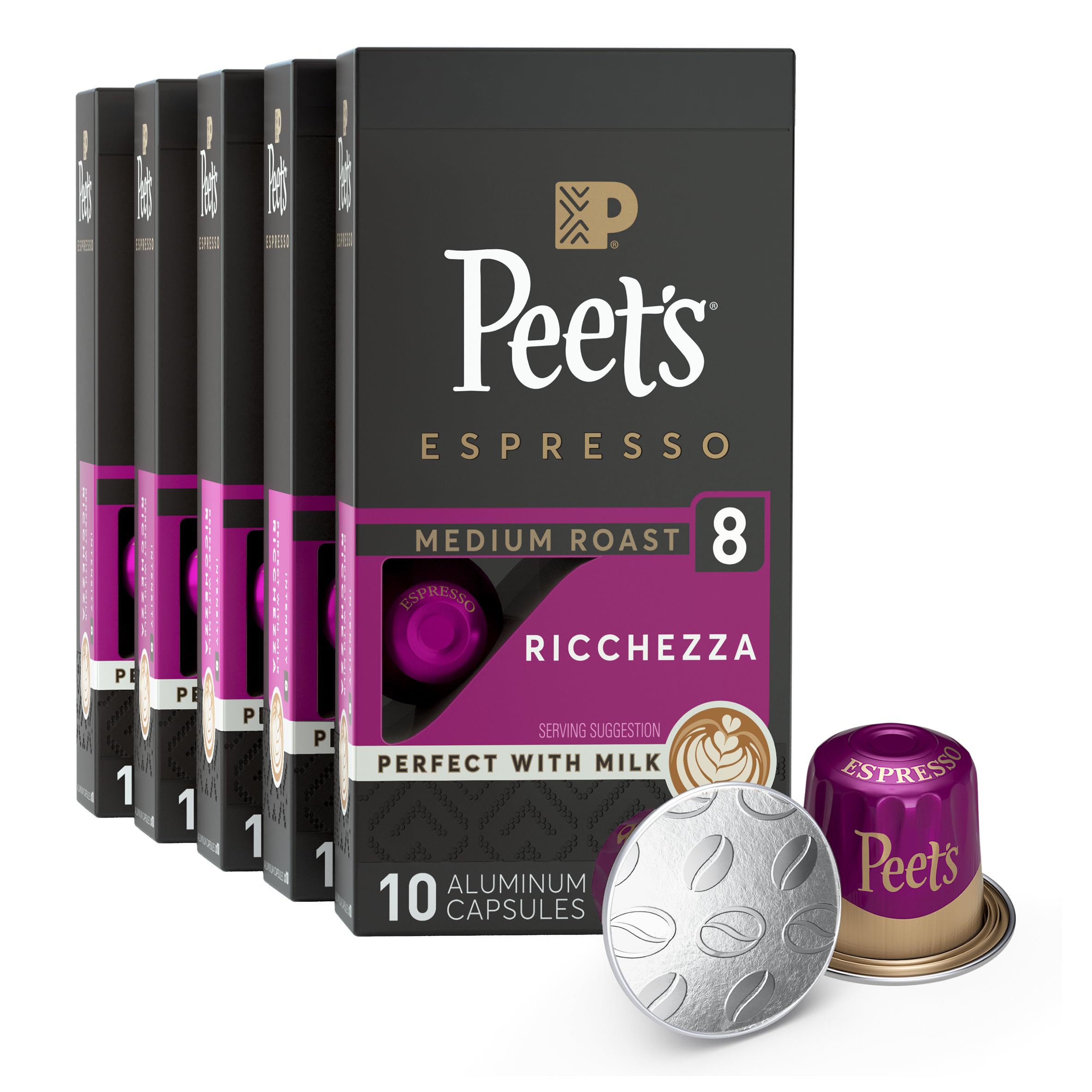 Peet's Ricchezza espresso capsules box packaging for at-home convenience