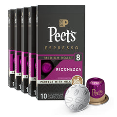 Peet's Ricchezza espresso capsules box packaging for at-home convenience