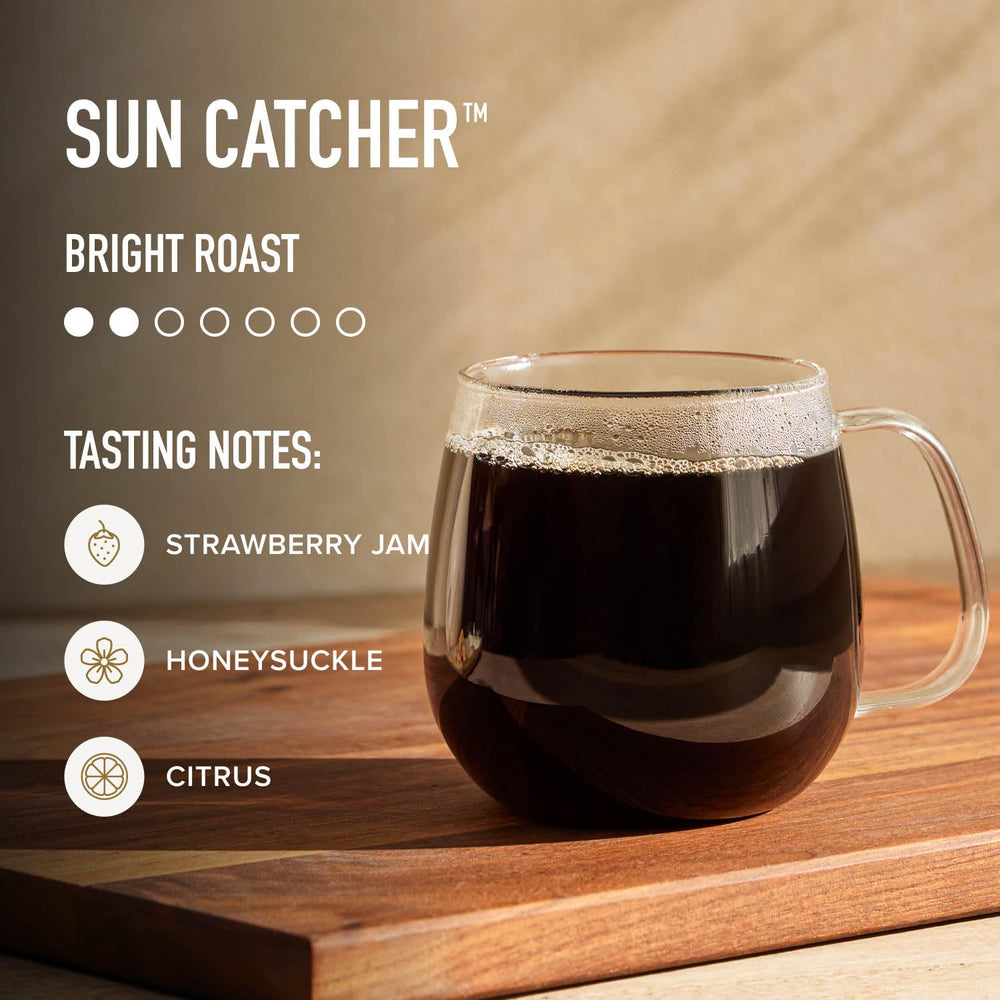 Steaming cup of Peet's Sun Catcher coffee.