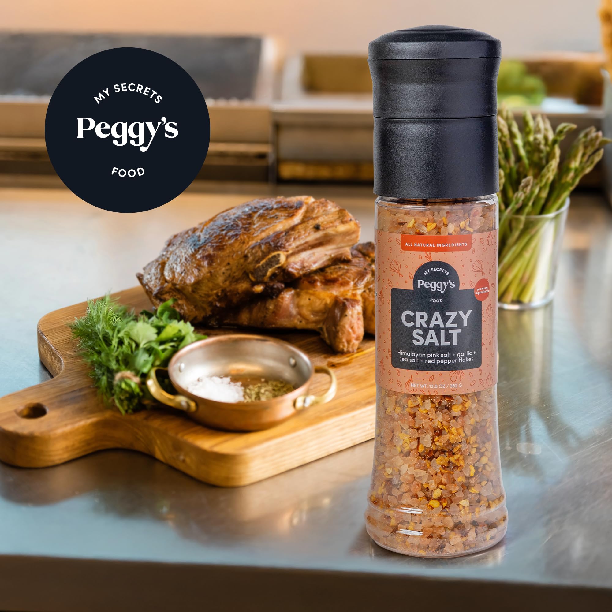 Peggy's Crazy Salt pairs with meat and vegetables for everyday meals.