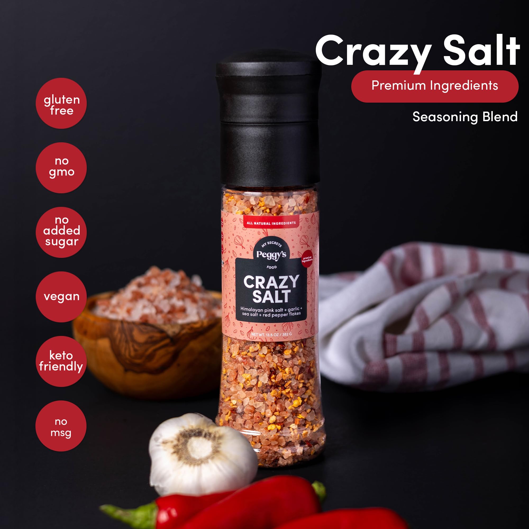 Peggy's Crazy Salt shaker delivering even seasoning across meals and recipes.