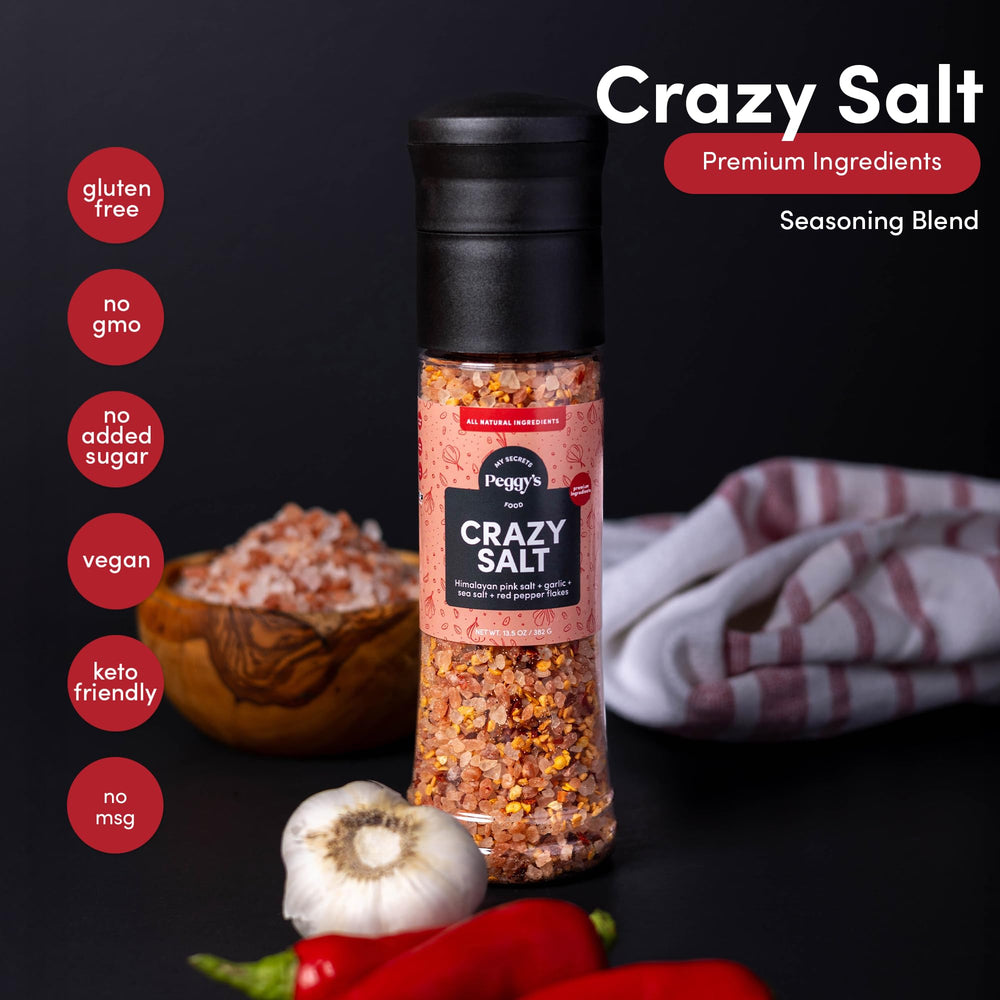 Peggy's Crazy Salt shaker delivering even seasoning across meals and recipes.