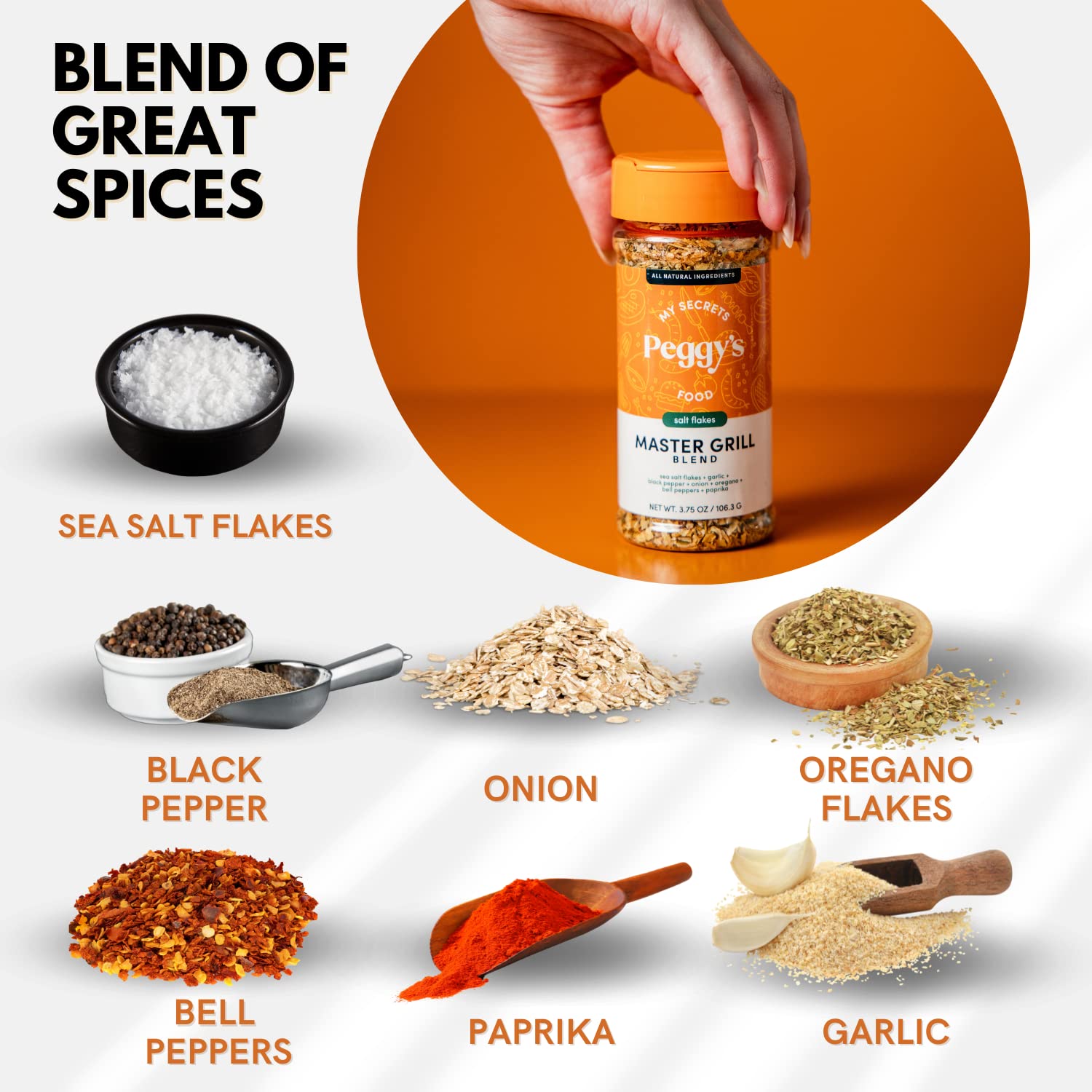Peggy’s Food Master Grill Blend bottle pour demonstrates easy seasoning application.